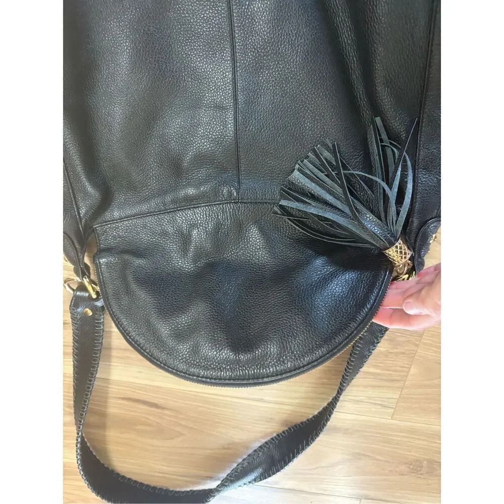 Black Leather‎ Hobo Shoulder Bag with Tassel, Braided Strap Detail